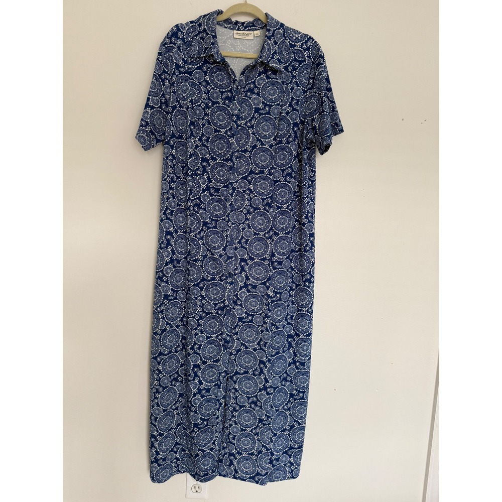 Norma Thompson Blue White Paisley Midi Shirt Dress Large Travel Comfort Packable